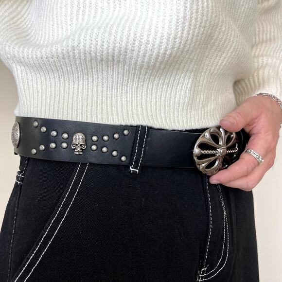 y2k 2000s vintage skeleton chrome cross studded goth emo black belt - Picture 3 of 8